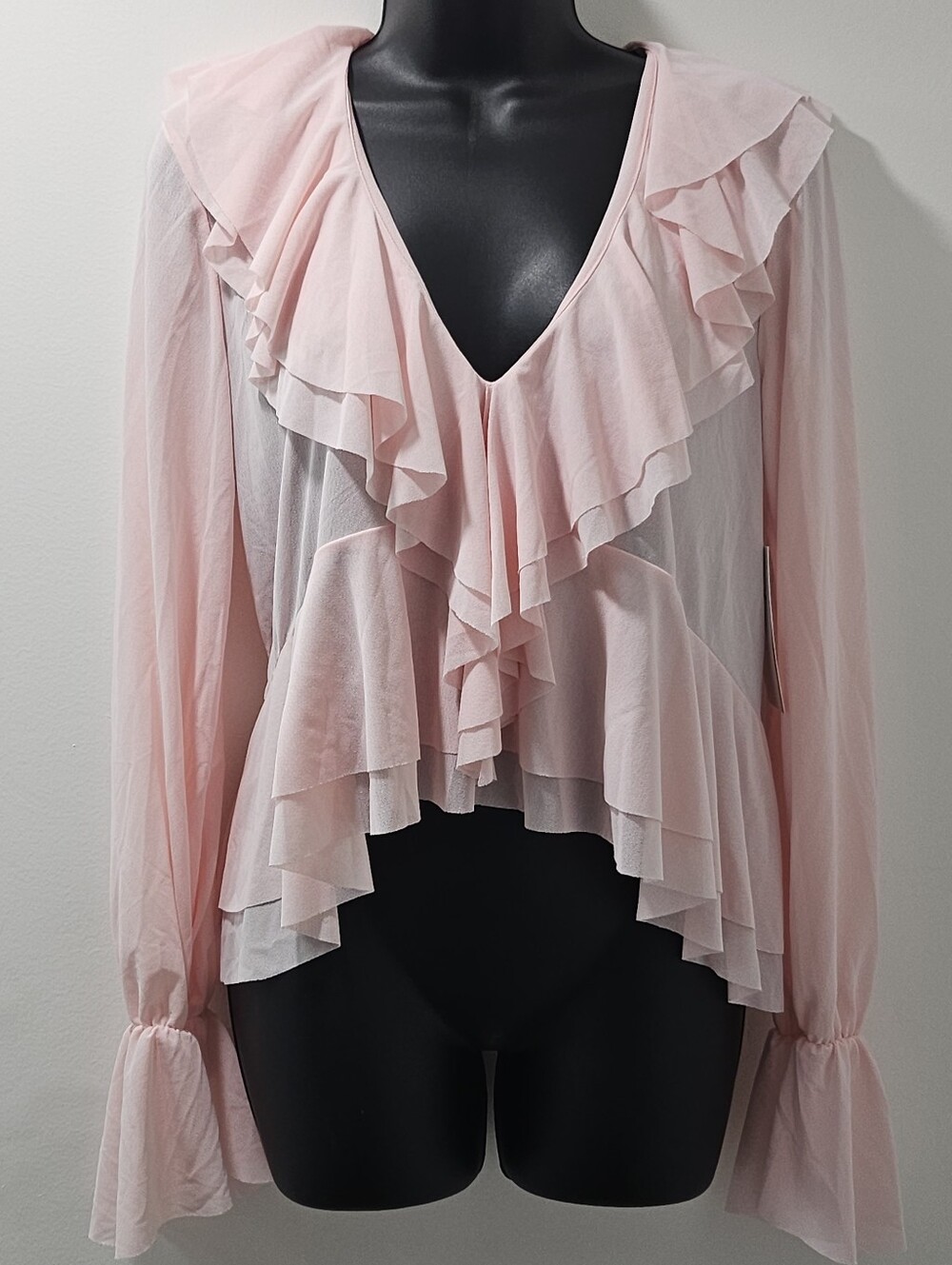 NWT Blenca Pink Ruffle Chiffon Sheer Top Bell Sleeve Coquette Medium